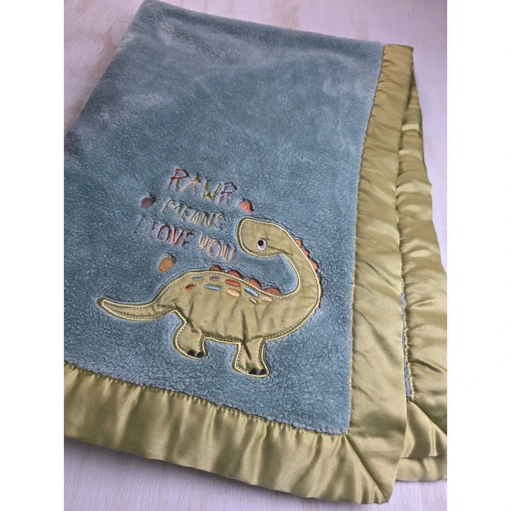 Lullaby Lane Rawr Means I Love You Dinosaur Baby Blanket Sage Green Satin Trim